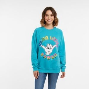 Vintage Unisex Hanes USA‎ Hang Loose Shaka Hawaii Crewneck Sweatshirt Aqua Large